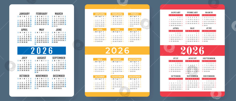 Скачать Календарь на 2026 год. Набор красочных векторов. Коллекция карманных календарей. Неделя начинается в воскресенье. Базовый шаблон сетки для печати фотосток Ozero