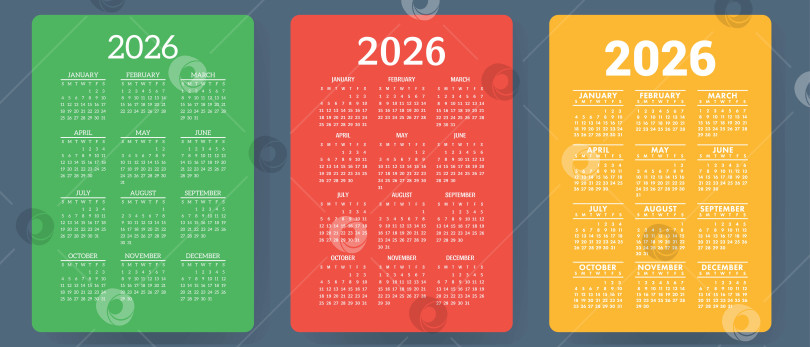 Скачать Календарь на 2026 год. Набор красочных векторов. Коллекция карманных календарей. Неделя начинается в воскресенье. Базовый шаблон сетки для печати фотосток Ozero