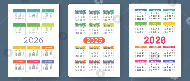 Скачать Календарь на 2026 год. Набор красочных векторов. Коллекция карманных календарей. Неделя начинается в воскресенье. Базовый шаблон сетки для печати фотосток Ozero
