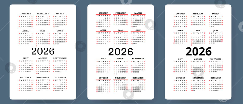 Скачать Набор векторных календарей на 2026 год. Коллекция карманных календарей. Неделя начинается в воскресенье. Базовый шаблон сетки для печати фотосток Ozero