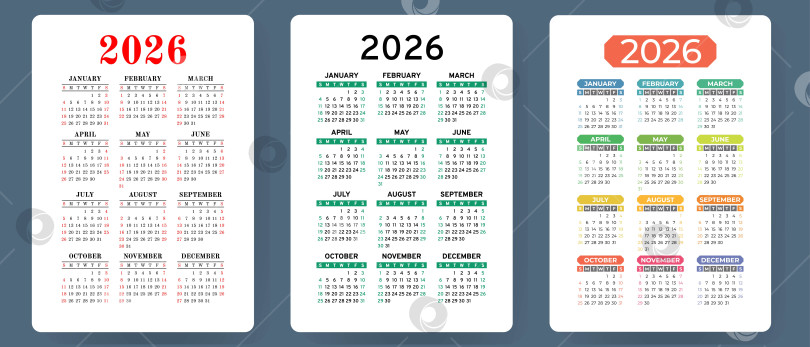 Скачать Календарь на 2026 год. Набор красочных векторов. Коллекция карманных календарей. Неделя начинается в воскресенье. Базовый шаблон сетки для печати фотосток Ozero