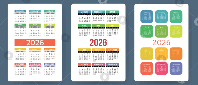 Скачать Календарь на 2026 год. Набор красочных векторов. Коллекция карманных календарей. Неделя начинается в воскресенье. Базовый шаблон сетки для печати фотосток Ozero