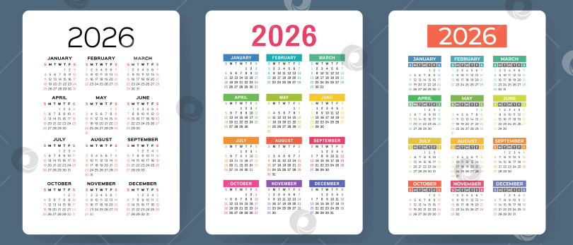 Скачать Календарь на 2026 год. Набор красочных векторов. Коллекция карманных календарей. Неделя начинается в воскресенье. Базовый шаблон сетки для печати фотосток Ozero