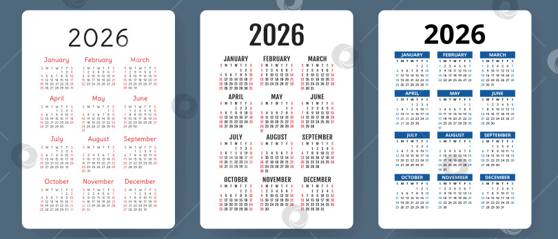 Скачать Набор векторных календарей на 2026 год. Коллекция карманных календарей. Неделя начинается в воскресенье. Базовый шаблон сетки для печати фотосток Ozero