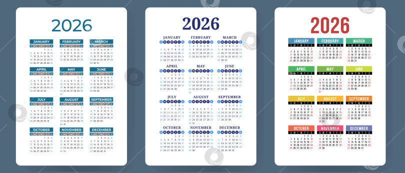 Скачать Календарь на 2026 год. Набор красочных векторов. Коллекция карманных календарей. Неделя начинается в воскресенье. Базовый шаблон сетки для печати фотосток Ozero
