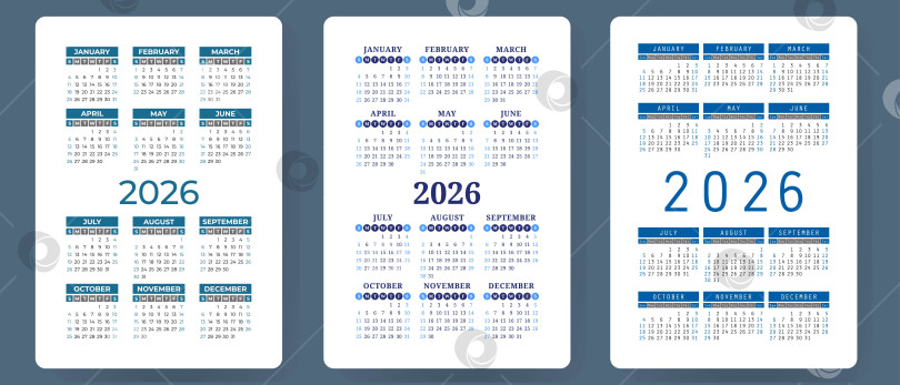 Скачать Набор векторных календарей на 2026 год. Коллекция карманных календарей. Неделя начинается в воскресенье. Базовый шаблон сетки для печати фотосток Ozero