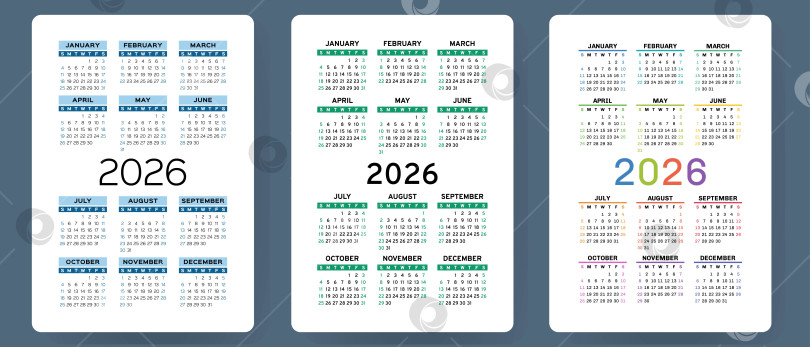 Скачать Набор векторных календарей на 2026 год. Коллекция карманных календарей. Неделя начинается в воскресенье. Базовый шаблон сетки для печати фотосток Ozero