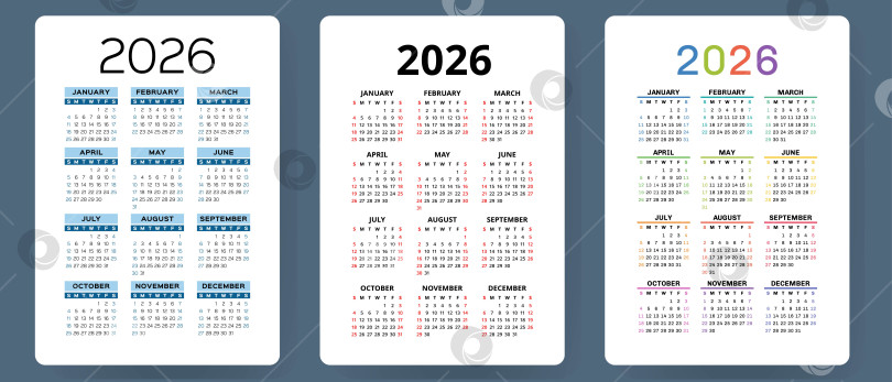 Скачать Набор векторных календарей на 2026 год. Коллекция карманных календарей. Неделя начинается в воскресенье. Базовый шаблон сетки для печати фотосток Ozero
