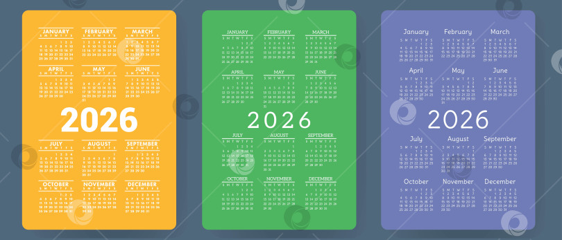 Скачать Календарь на 2026 год. Набор красочных векторов. Коллекция карманных календарей. Неделя начинается в воскресенье. Базовый шаблон сетки для печати фотосток Ozero