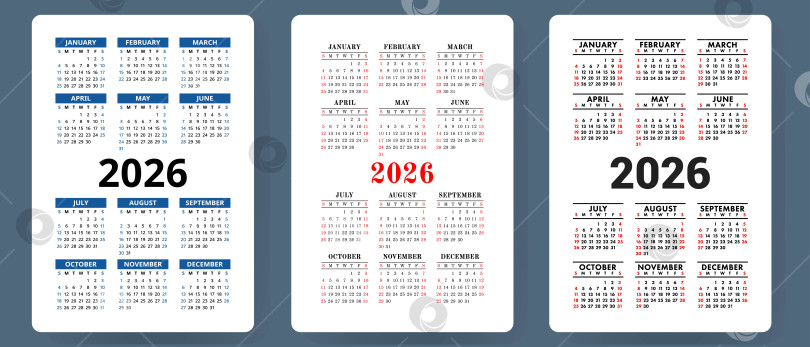 Скачать Набор векторных календарей на 2026 год. Коллекция карманных календарей. Неделя начинается в воскресенье. Базовый шаблон сетки для печати фотосток Ozero