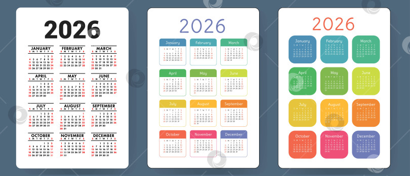 Скачать Календарь на 2026 год. Набор красочных векторов. Коллекция карманных календарей. Неделя начинается в воскресенье. Базовый шаблон сетки для печати фотосток Ozero
