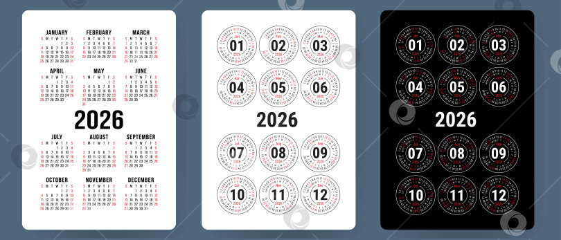 Скачать Набор векторных календарей на 2026 год. Коллекция карманных календарей. Неделя начинается в воскресенье. Базовый шаблон сетки для печати фотосток Ozero