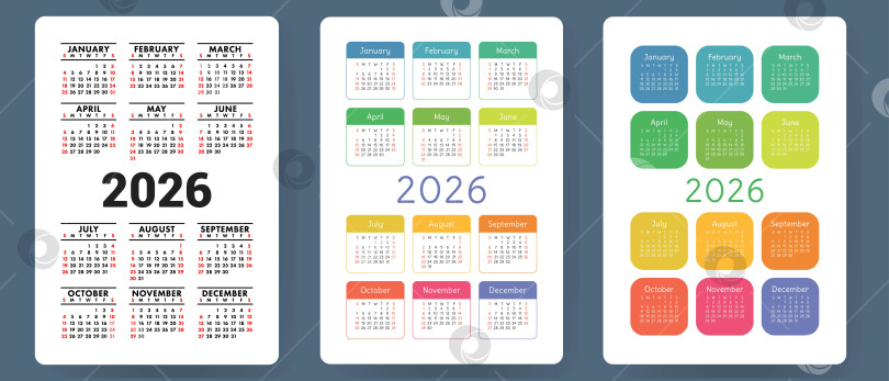 Скачать Календарь на 2026 год. Набор красочных векторов. Коллекция карманных календарей. Неделя начинается в воскресенье. Базовый шаблон сетки для печати фотосток Ozero