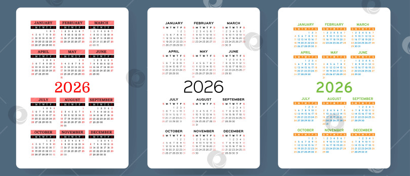 Скачать Набор векторных календарей на 2026 год. Коллекция карманных календарей. Неделя начинается в воскресенье. Базовый шаблон сетки для печати фотосток Ozero