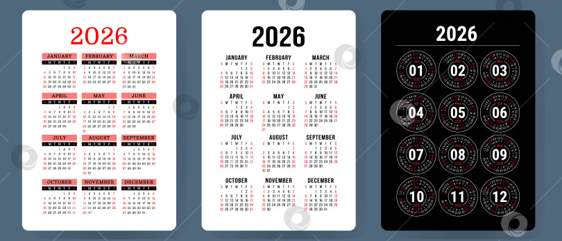 Скачать Календарь на 2026 год. Набор красочных векторов. Коллекция карманных календарей. Неделя начинается в воскресенье. Базовый шаблон сетки для печати фотосток Ozero