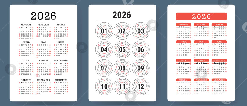 Скачать Календарь на 2026 год. Набор красочных векторов. Коллекция карманных календарей. Неделя начинается в воскресенье. Базовый шаблон сетки для печати фотосток Ozero