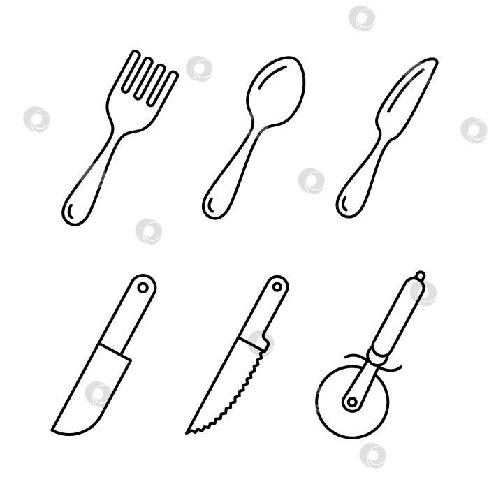 Скачать Набор иконок кухонной утвари. Векторные кухонные принадлежности, инструменты и столовые приборы в виде черной линии. Ложка, нож и вилка фотосток Ozero