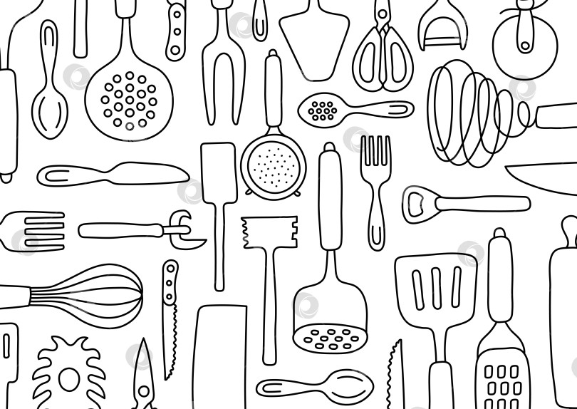 Скачать Кухонная утварь. Набор для рисования кухонных принадлежностей. Векторная посуда, инструменты и столовые приборы для рисования. Лопатка, ложка, нож, сито и ножницы. Овощечистка, венчик и открывалка для бутылок фотосток Ozero