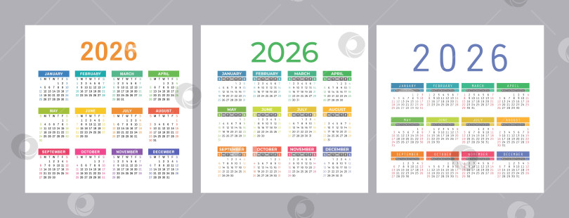 Скачать Набор английских календарей на 2026 год. Набор квадратных векторных шаблонов для карманного или настенного календаря. Неделя начинается в воскресенье фотосток Ozero