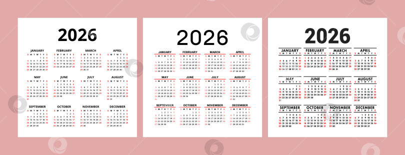 Скачать Набор английских календарей на 2026 год. Набор квадратных векторных шаблонов для карманного или настенного календаря. Неделя начинается в воскресенье фотосток Ozero