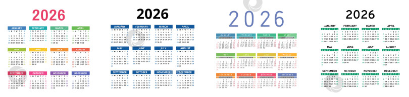 Скачать Коллекция английского календаря на 2026 год. Набор шаблонов для дизайна квадратного векторного карманного или настенного календаря. Неделя начинается в воскресенье фотосток Ozero