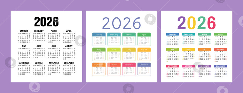 Скачать Набор английских календарей на 2026 год. Набор квадратных векторных шаблонов для карманного или настенного календаря. Неделя начинается в воскресенье фотосток Ozero