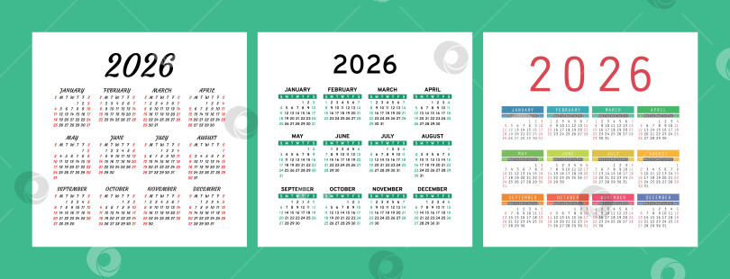Скачать Набор английских календарей на 2026 год. Набор квадратных векторных шаблонов для карманного или настенного календаря. Неделя начинается в воскресенье фотосток Ozero