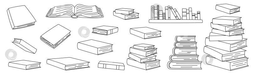 Скачать Набор книг. Эскиз школьных учебников. Простой набор черно-белых векторных иллюстраций. Книги на полке фотосток Ozero