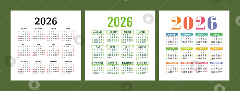Скачать Набор английских календарей на 2026 год. Набор квадратных векторных шаблонов для карманного или настенного календаря. Неделя начинается в воскресенье фотосток Ozero