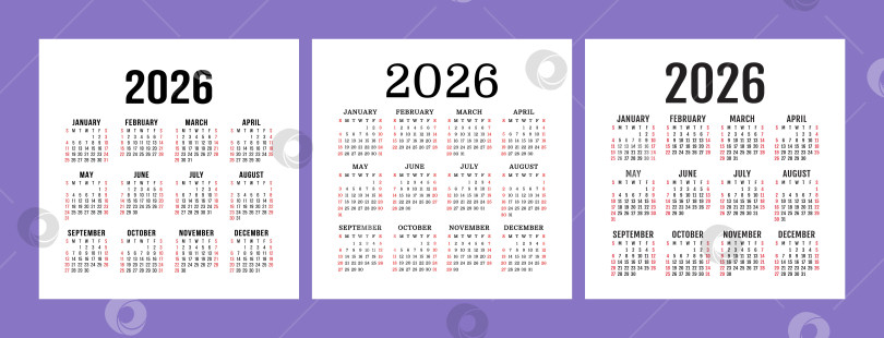 Скачать Набор английских календарей на 2026 год. Набор квадратных векторных шаблонов для карманного или настенного календаря. Неделя начинается в воскресенье фотосток Ozero