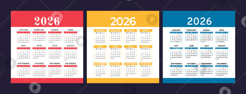 Скачать Набор английских календарей на 2026 год. Набор квадратных векторных шаблонов для карманного или настенного календаря. Неделя начинается в воскресенье фотосток Ozero