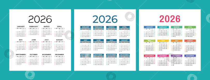 Скачать Набор английских календарей на 2026 год. Набор квадратных векторных шаблонов для карманного или настенного календаря. Неделя начинается в воскресенье фотосток Ozero