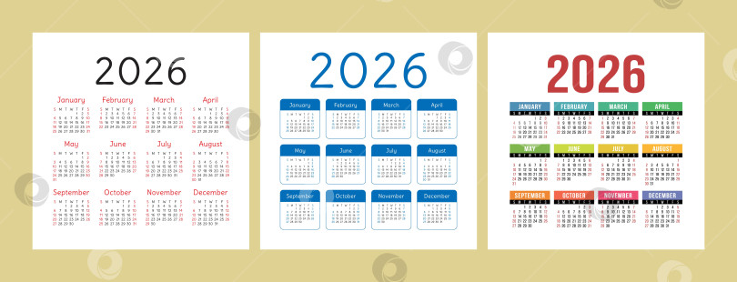 Скачать Набор английских календарей на 2026 год. Набор квадратных векторных шаблонов для карманного или настенного календаря. Неделя начинается в воскресенье фотосток Ozero