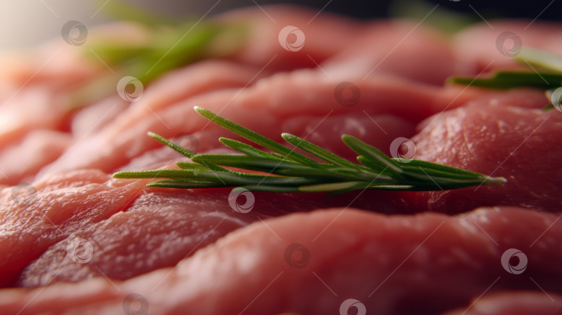 Скачать Свежее сырое мясо, украшенное веточками розмарина, демонстрирует высочайшее качество и кулинарный потенциал в уютной кухонной обстановке фотосток Ozero