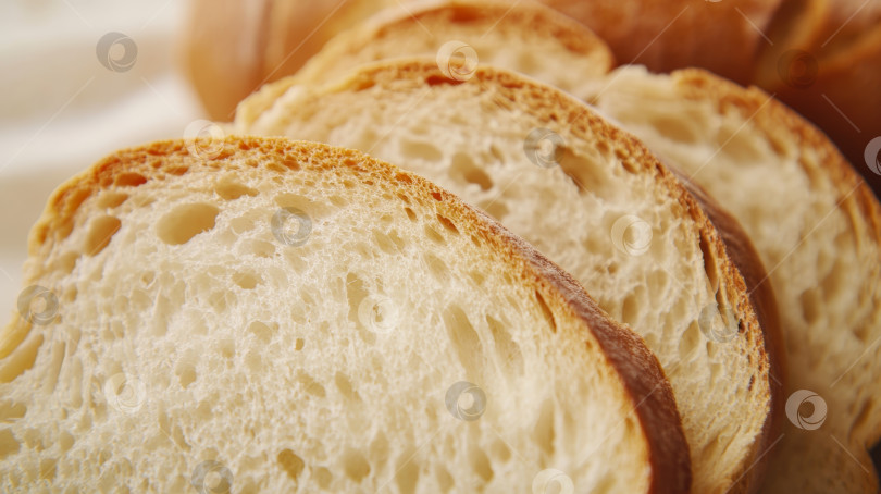 Скачать Ломтики свежеиспеченного хлеба, разложенные на светлой поверхности, демонстрируют текстуру и корочку фотосток Ozero