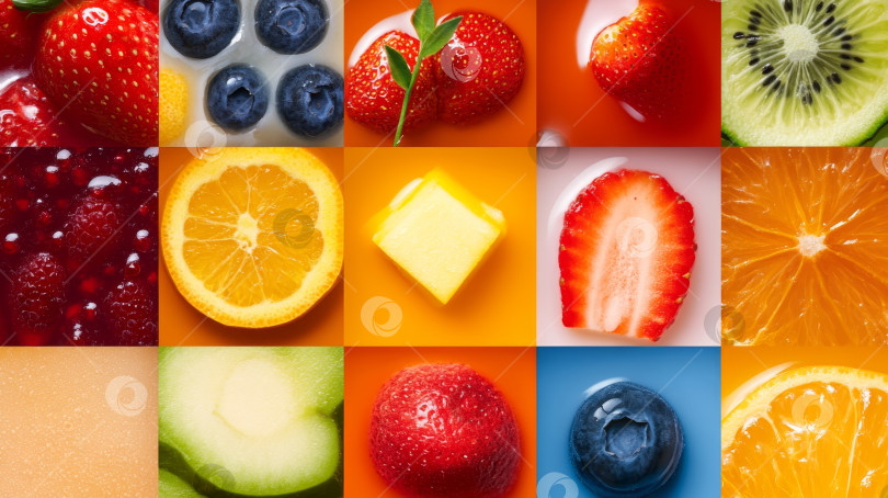 Скачать Красочный ассортимент свежих фруктов и цитрусовых, собранных в яркую сетку, позволяет создавать креативные кулинарные проекты фотосток Ozero