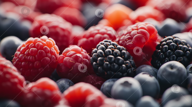 Скачать Свежая ягодная смесь, включающая малину, ежевику и голубику, красиво оформленная для яркого оформления блюд фотосток Ozero