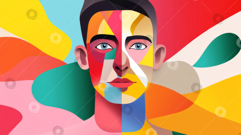 Скачать Абстрактный портрет молодого человека в окружении ярких геометрических форм и цветов в творческом художественном выражении фотосток Ozero