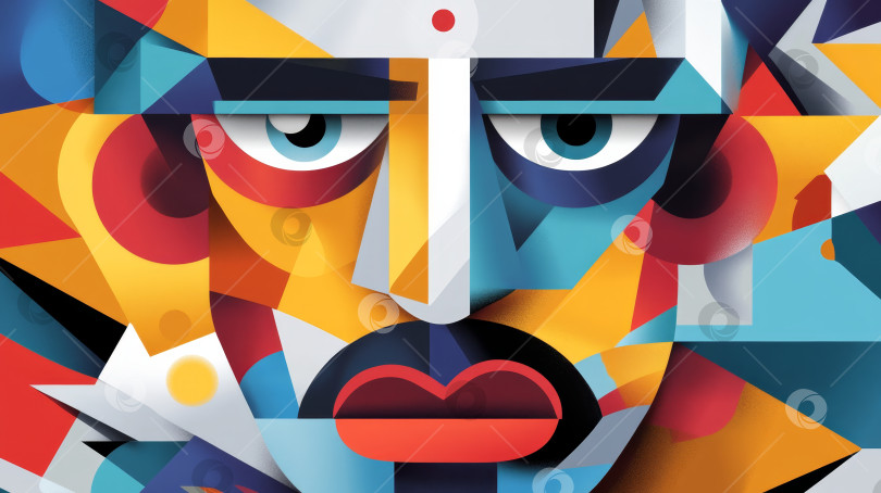 Скачать Красочное абстрактное изображение человеческого лица с геометрическими узорами и яркими цветами, воплощающее художественное выражение в современном дизайне фотосток Ozero