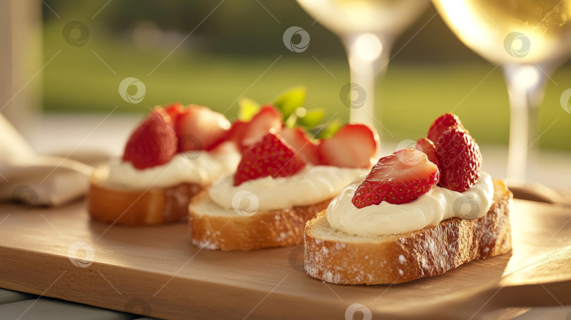 Скачать Вкуснейшая клубничная брускетта подается на деревянном блюде с вином в живописной обстановке на открытом воздухе во время заката фотосток Ozero