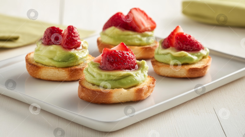 Скачать Восхитительные тарталетки с клубникой и авокадо подаются на белом блюде в яркой кухонной обстановке фотосток Ozero