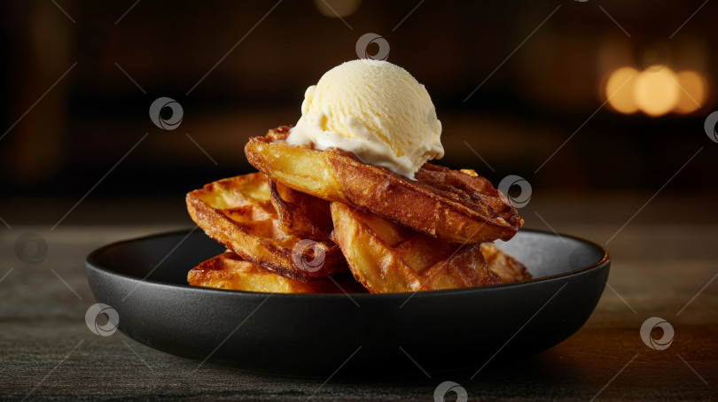 Скачать Теплые золотистые вафли со сливочно-ванильным мороженым на темной тарелке в уютной обстановке ресторана фотосток Ozero