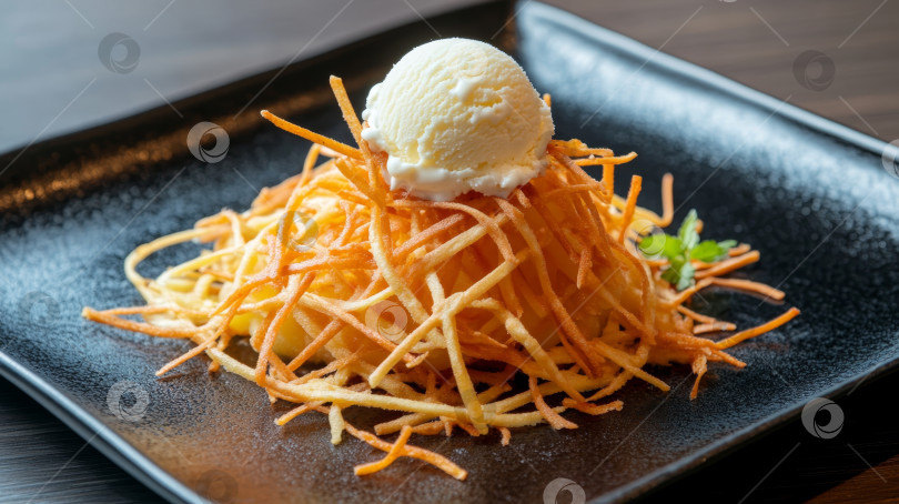 Скачать Хрустящий жареный картофель с шариком ванильного мороженого подается на черном блюде в современной ресторанной обстановке фотосток Ozero