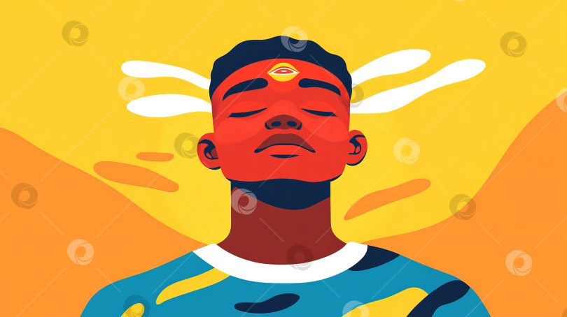 Скачать Мужчина, медитирующий с закрытыми глазами на ярком желтом фоне, выражающем спокойствие и внутренний умиротворение фотосток Ozero