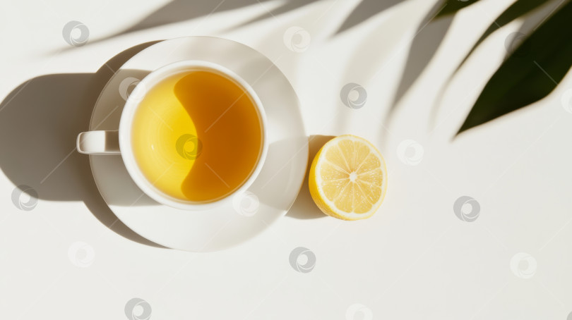 Скачать Ярко-желтый травяной чай с ломтиком лимона на светлой поверхности, демонстрирующий утреннее спокойствие и бодрость фотосток Ozero