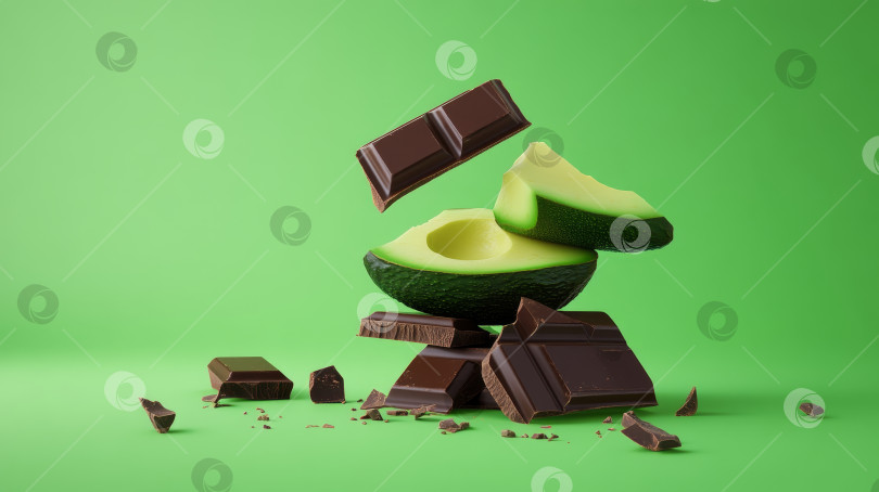 Скачать Креативное сочетание авокадо и темного шоколада на ярком зеленом фоне фотосток Ozero