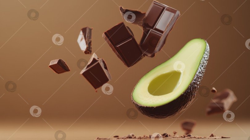 Скачать Восхитительные кусочки авокадо и темного шоколада элегантно сочетаются на теплом нейтральном фоне фотосток Ozero