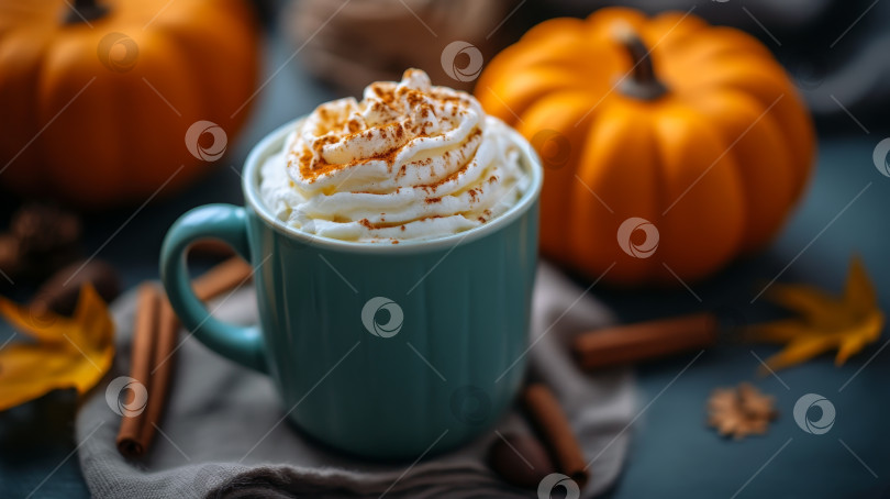 Скачать Теплый осенний напиток со взбитыми сливками и корицей в окружении тыкв и уютного декора при мягком освещении фотосток Ozero