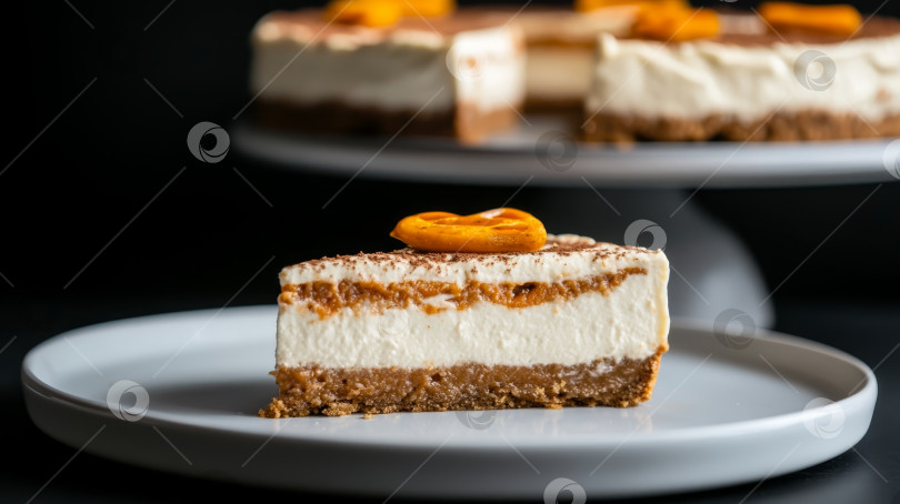 Скачать Аппетитный ломтик чизкейка с корочкой из крекеров "грэм" и кусочком абрикоса на минималистской тарелке фотосток Ozero
