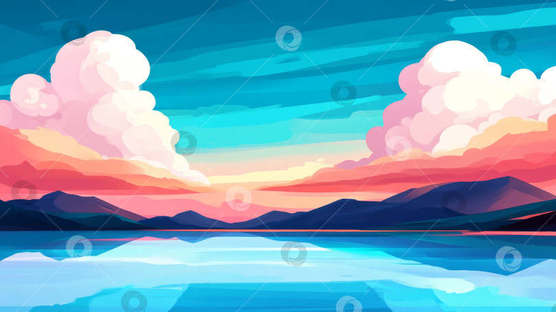 Скачать Красочный закат отражается в спокойном озере, окруженном горами, и ярких облаках на фоне безмятежного пейзажа фотосток Ozero